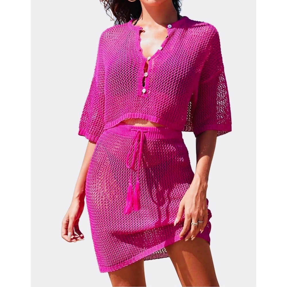 NEW Hot Pink Crochet Knit‎ 2 Piece Set Size Large Beach Coverup Barbiecore